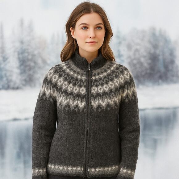 Handknitting Association of Iceland Wool Sweater – Gray & Black – 2-Way Zip - Picture 3 of 7